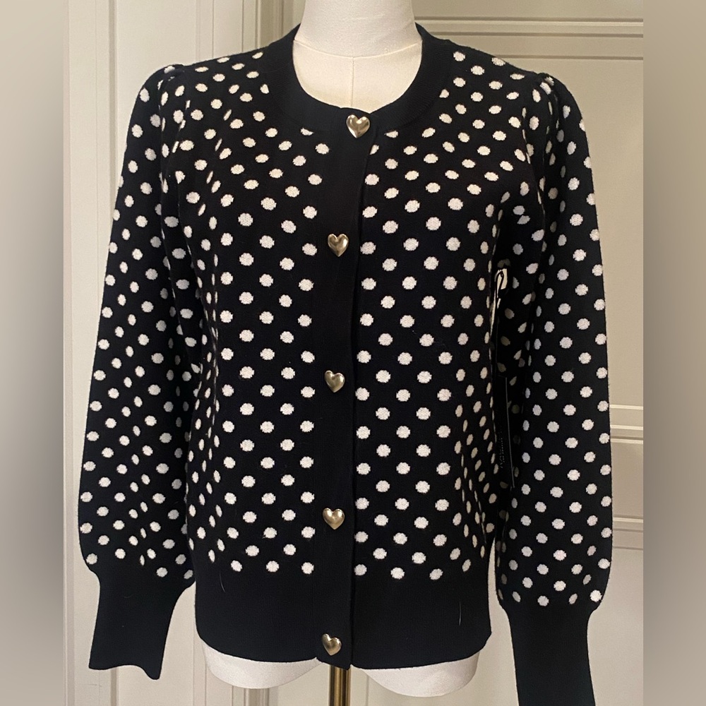 Rachel Zoe Black and White Polka Dot Cardigan with Heart Buttons size Small NWT